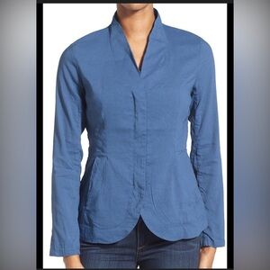 Eileen Fisher Blue Linen Blend Zip Front Stand Collar Jacket spring summer